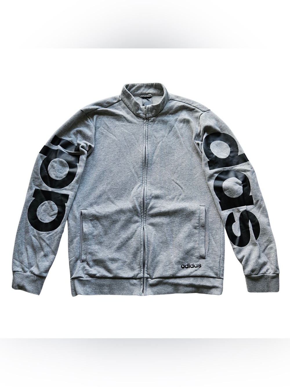 adidas Men’s Medium Light Grey Full-Zip Track Jacket with Black Sleeve Logo